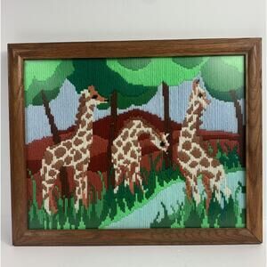 Vtg Giraffe Crewel Art Jungle Safari Hanging Decor Baby Childrens 70s Framed